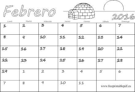 Febrero 2016 calendario totalmente en blanco