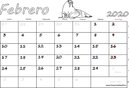 Febrero 2020 del calendario con los festivos