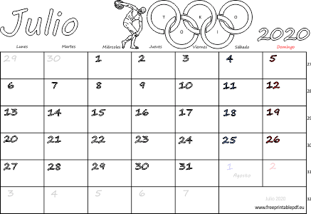 julio 2020 del calendario con los festivos