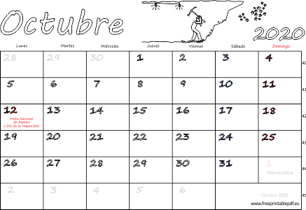 octubre 2020 del calendario con los festivos