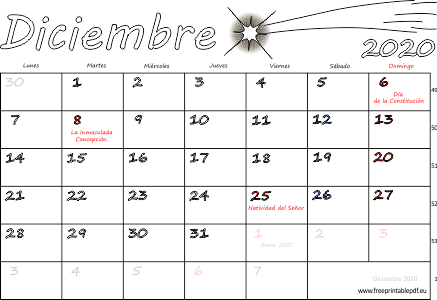 diciembre 2020 del calendario con los festivos