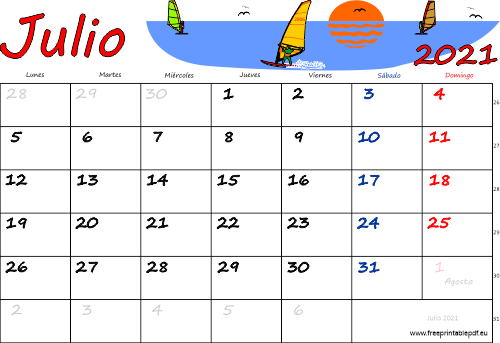 julio 2021 del calendario con los festivos coloridos