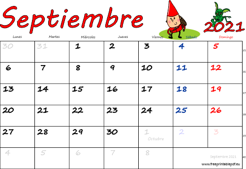 septiembre 2021 del calendario con los festivos coloridos