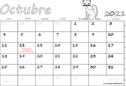 octubre 2021 del calendario con los festivos
