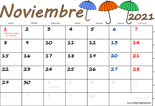 noviembre 2021 del calendario con los festivos coloridos