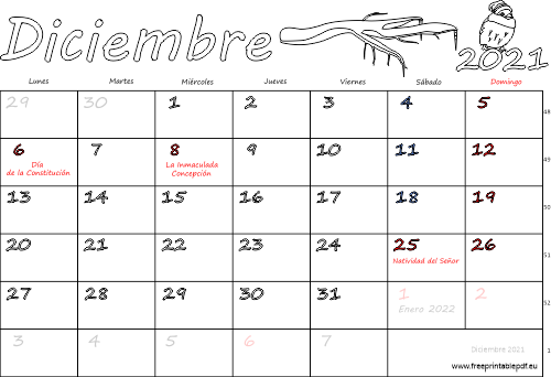 diciembre 2021 del calendario con los festivos