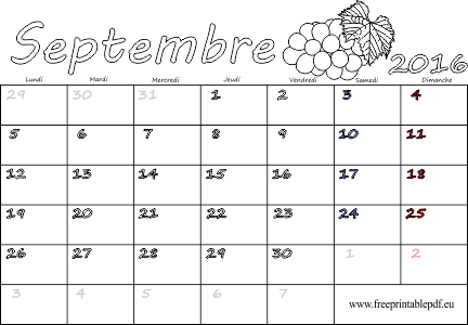 septembre 2016 calendrier à imprimer fériés