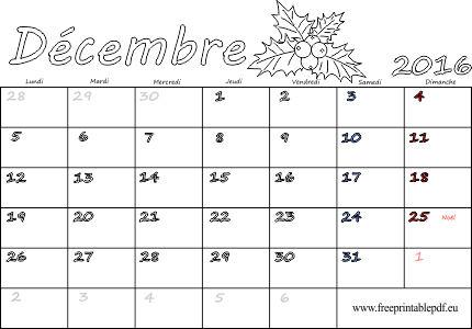 décembre 2016 calendrier à imprimer fériés
