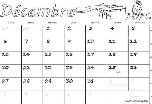 décembre 2021 calendrier à imprimer fériés
