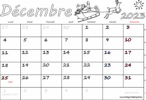 décembre 2023 calendrier à imprimer fériés