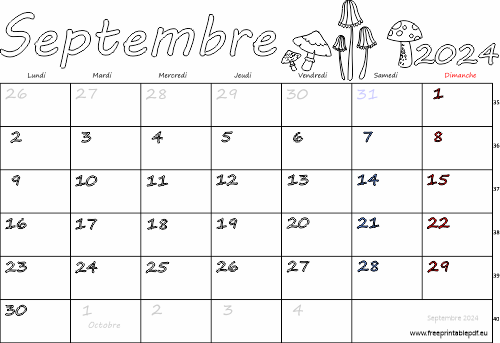 Septembre 2024 calendrier à imprimer fériés
