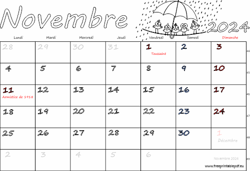novembre 2024 calendrier à imprimer fériés