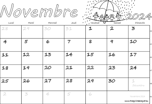 novembre 2024 calendrier à imprimer pour les enfants