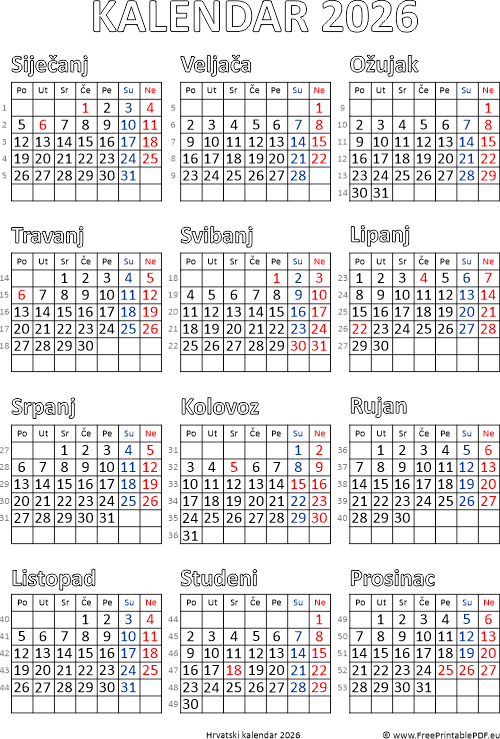 Kalendar 2026 vektorski pdf