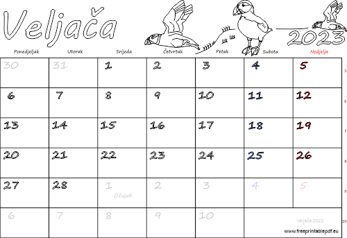 Kalendar za veljaču 2023. s praznicima u obliku tablice