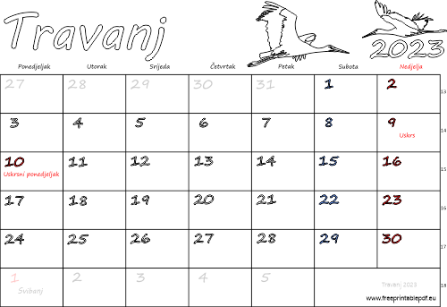 Kalendar za travanj 2023. s praznicima