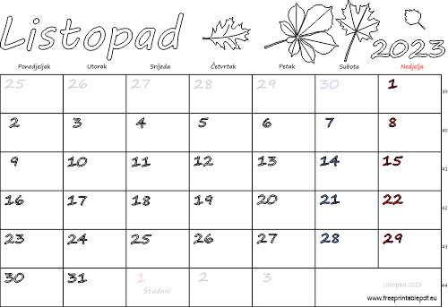 Kalendar listopad 2023. s praznicima