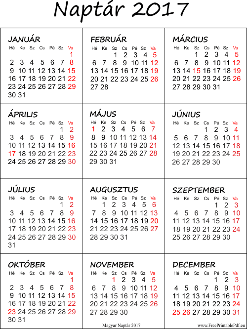 Ingyenes naptár 2017 ünnepek