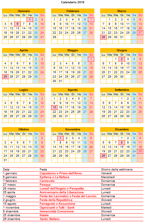 calendario 2016 per stampare