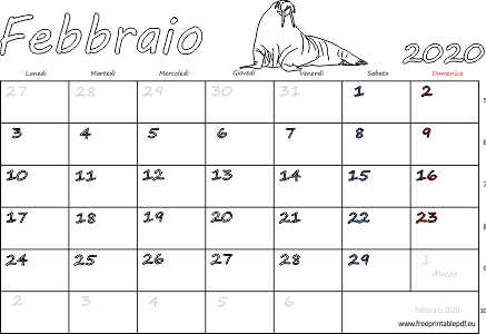 febbraio 2020 calendario con le feste