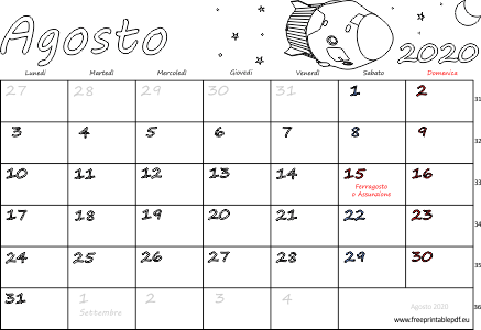agosto 2020 calendario con le feste
