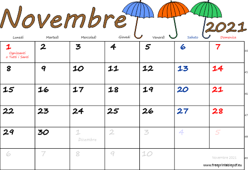 novembre 2021 calendario con le feste colorato