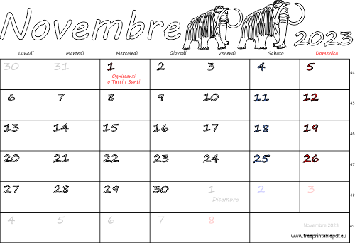 novembre 2023 calendario con le feste