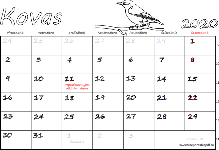 2020 m. kovas mėn. Kalendorius su atostogomis