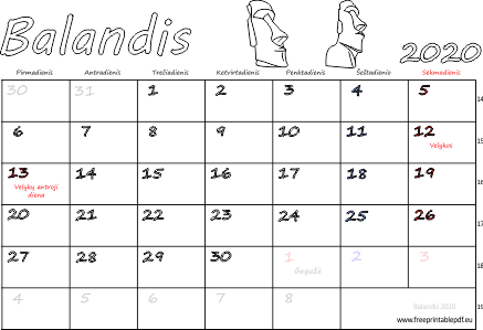 2020 m. balandis mėn. Kalendorius su atostogomis