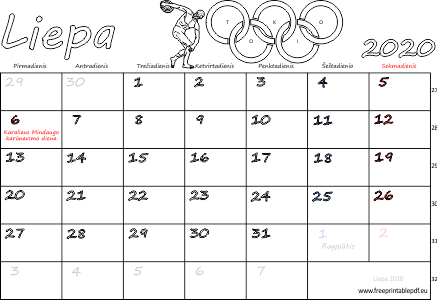 2020 m. liepa mėn. Kalendorius su atostogomis