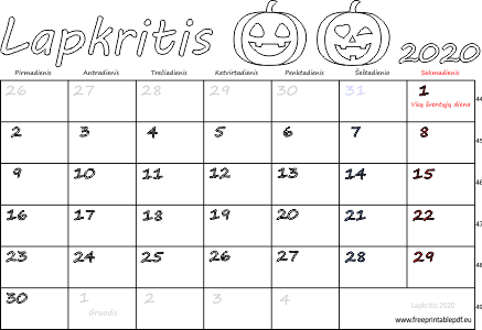 2020 m. lapkritis mėn. Kalendorius su atostogomis
