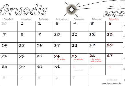 2020 m. gruodis mėn. Kalendorius su atostogomis