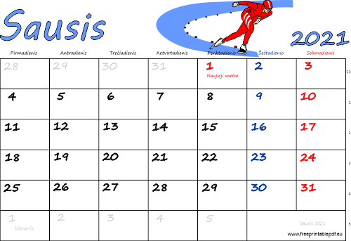 2021 m. Sausio mėn. Kalendorius su atostogomis spalvinga