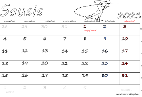 2021 m. Sausio mėn. Kalendorius su atostogomis