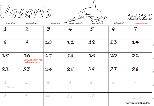 2021 m. vasaris mėn. Kalendorius su atostogomis
