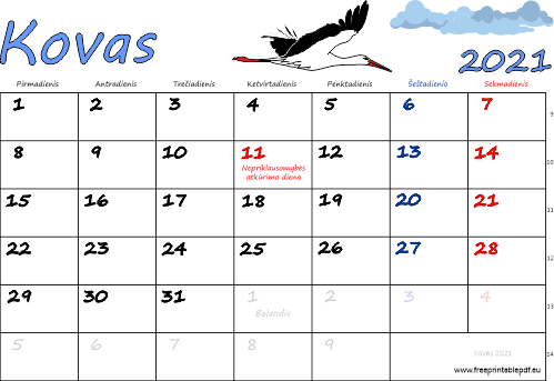 2021 m. kovas mėn. Kalendorius su atostogomis spalvinga