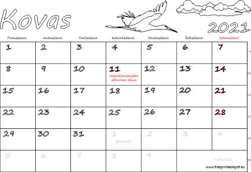 2021 m. kovas mėn. Kalendorius su atostogomis