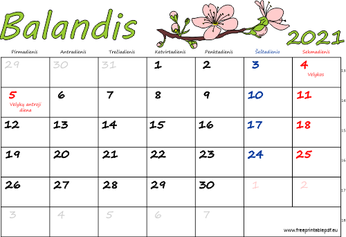 2021 m. balandis mėn. Kalendorius su atostogomis spalvinga