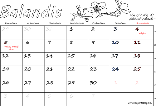 2021 m. balandis mėn. Kalendorius su atostogomis