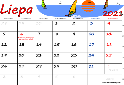 2021 m. liepa mėn. Kalendorius su atostogomis spalvinga