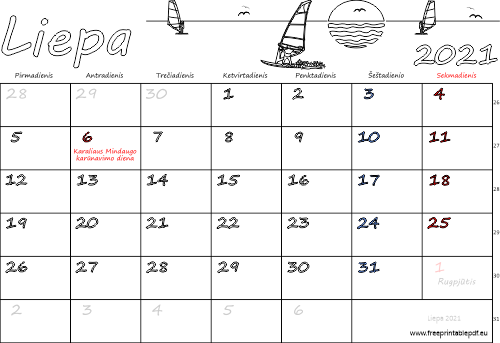 2021 m. liepa mėn. Kalendorius su atostogomis