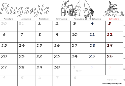 2021 m. rugsėjis mėn. Kalendorius su atostogomis