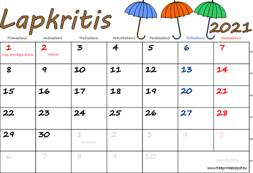 2021 m. lapkritis mėn. Kalendorius su atostogomis spalvinga