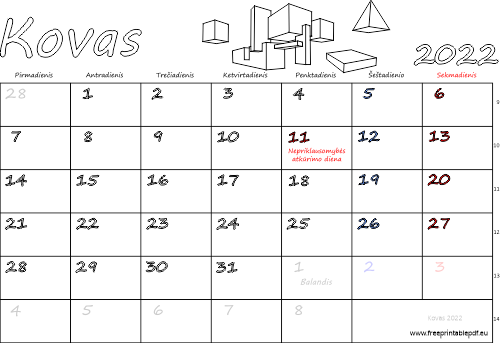 2022 m. kovas mėn. Kalendorius su atostogomis