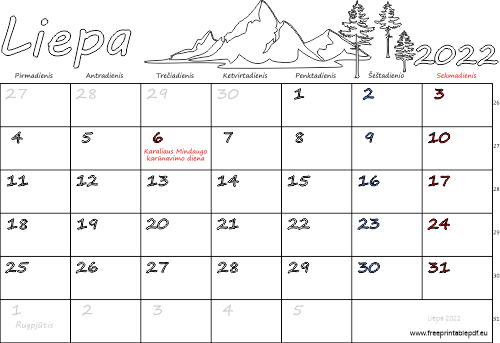 2022 m. liepa mėn. Kalendorius su atostogomis