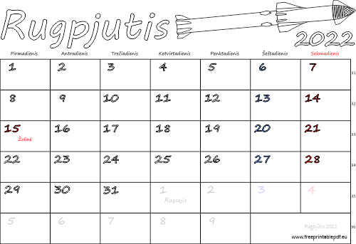2022 m. rugpjūtis mėn. Kalendorius su atostogomis