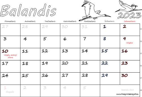 2023 m. balandis mėn. Kalendorius su atostogomis
