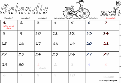 2024 m. balandis mėn. Kalendorius su atostogomis