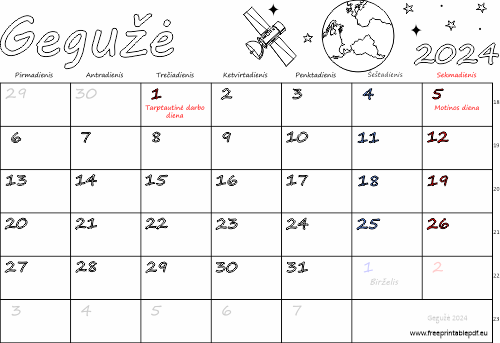 2024 m. gegužė mėn. Kalendorius su atostogomis