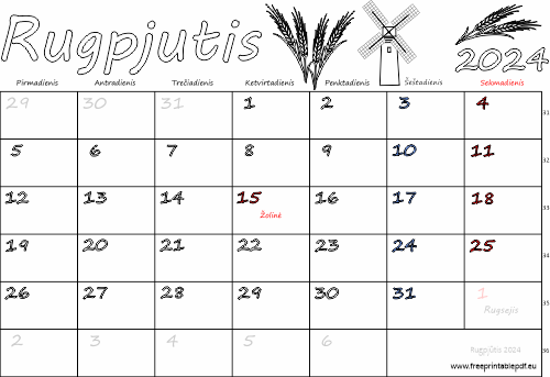 2024 m. rugpjūtis mėn. Kalendorius su atostogomis